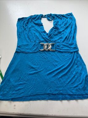 Candy Rain 1X Blue Short Sleeve Deep V Neck Silver Buckle Blouse